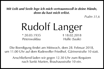 Traueranzeige von Rudolf Langer von Mitteldeutsche Zeitung Halle/Saalkreis