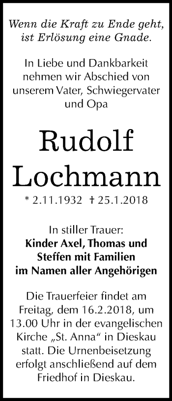 Traueranzeige von Rudolf Lochmann von Mitteldeutsche Zeitung Halle/Saalkreis