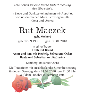 Traueranzeige von Rut Maczek von Mitteldeutsche Zeitung