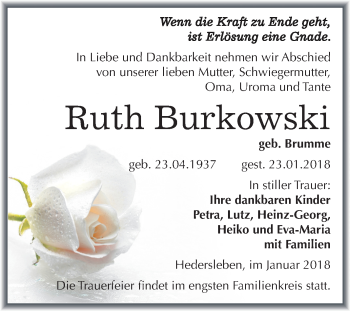 Traueranzeige von Ruth Burkowski von Mitteldeutsche Zeitung