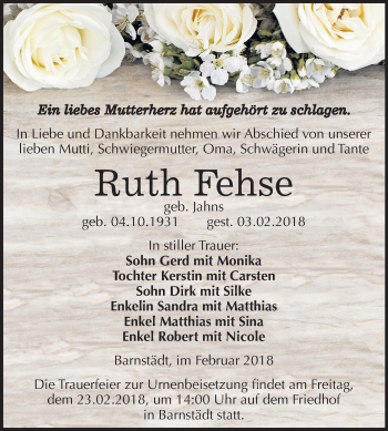 Traueranzeige von Ruth Fehse von Mitteldeutsche Zeitung Merseburg/Querfurt