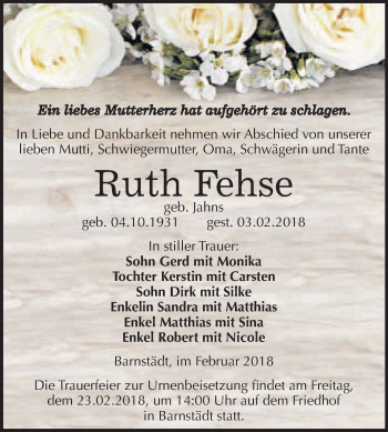 Traueranzeige von Ruth Fehse von WVG - Wochenspiegel Merseburg