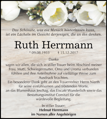 Traueranzeige von Ruth Herrmann von WVG - Wochenspiegel NMB / WSF / ZTZ