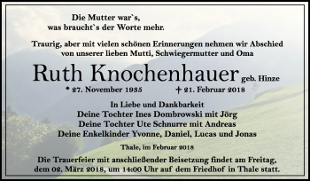 Traueranzeige von Ruth Knochenhauer von Mitteldeutsche Zeitung Quedlinburg