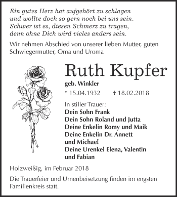 Traueranzeige von Ruth Kupfer von WVG - Wochenspiegel Bitterfeld