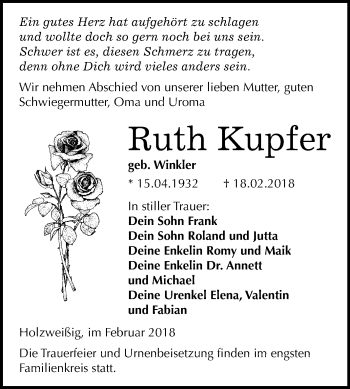 Traueranzeige von Ruth Kupfer von Mitteldeutsche Zeitung Bitterfeld