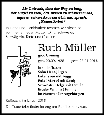 Traueranzeige von Ruth Müller von Mitteldeutsche Zeitung Merseburg/Querfurt