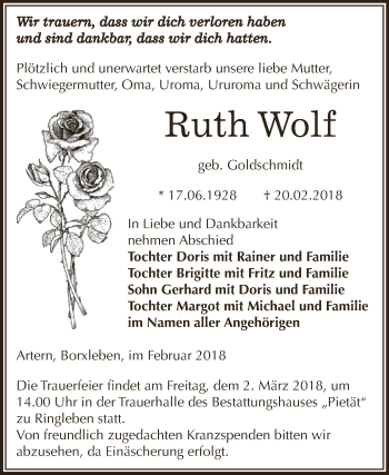 Traueranzeige von Ruth Wolf von Super Sonntag SGH Mansf. Land
