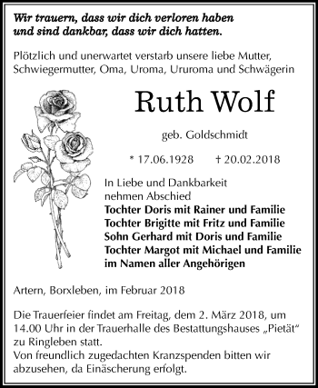 Traueranzeige von Ruth Wolf von Mitteldeutsche Zeitung Sangerhausen