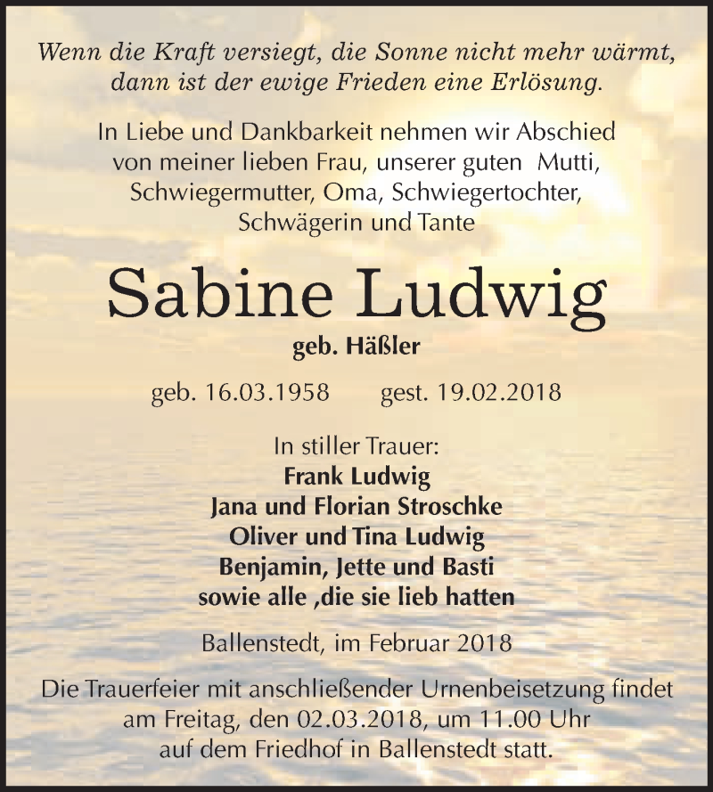  Traueranzeige für Sabine Ludwig vom 24.02.2018 aus WVG - Wochenspiegel Quedlinburg