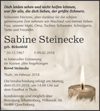 Traueranzeige von Sabine Steinecke von Super Sonntag Quedlinburg