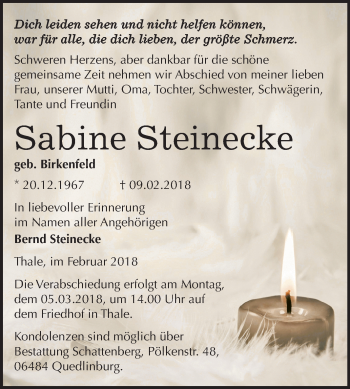 Traueranzeige von Sabine Steinecke von Mitteldeutsche Zeitung Quedlinburg