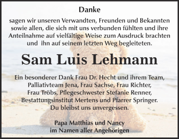 Traueranzeige von Sam Luis Lehmann von WVG - Wochenspiegel NMB / WSF / ZTZ