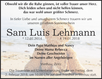 Traueranzeige von Sam Luis Lehmann von WVG - Wochenspiegel NMB / WSF / ZTZ