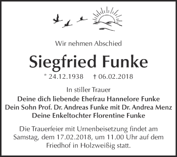 Traueranzeige von Siegfried Funke von WVG - Wochenspiegel Bitterfeld