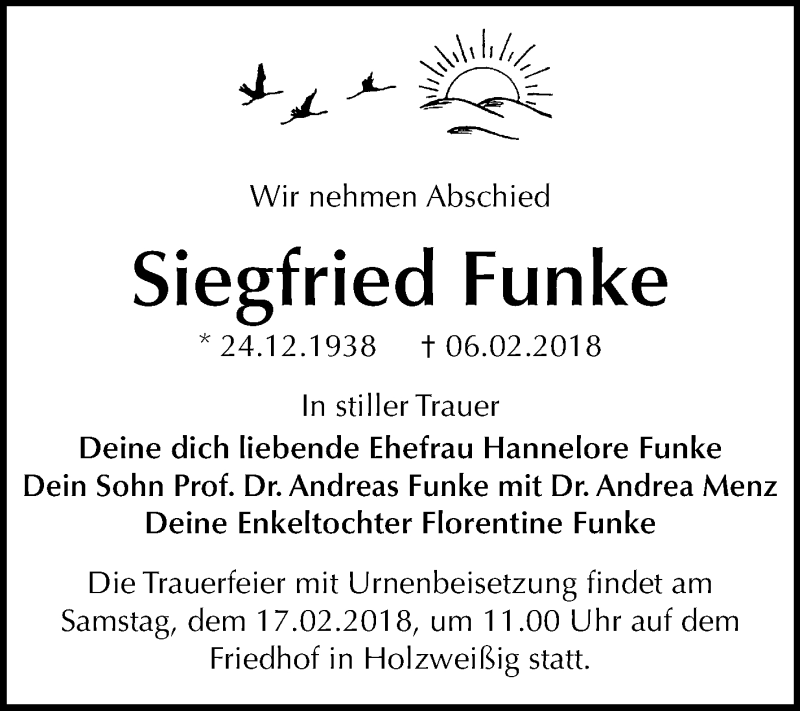  Traueranzeige für Siegfried Funke vom 10.02.2018 aus Mitteldeutsche Zeitung Bitterfeld
