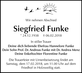Traueranzeige von Siegfried Funke von Mitteldeutsche Zeitung Bitterfeld