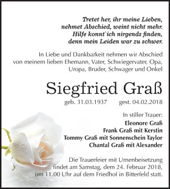 Traueranzeige von Siegfried Graß von Mitteldeutsche Zeitung Bitterfeld