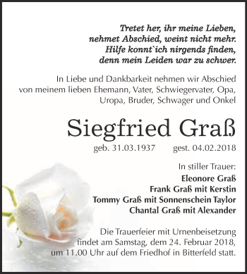 Traueranzeige von Siegfried Graß von WVG - Wochenspiegel Bitterfeld