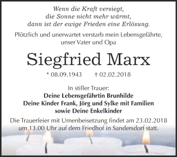 Traueranzeige von Siegfried Marx von WVG - Wochenspiegel Bitterfeld