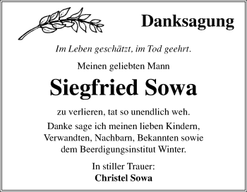 Traueranzeige von Siegfried Sowa von Mitteldeutsche Zeitung Bitterfeld