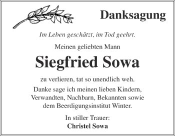 Traueranzeige von Siegfried Sowa von WVG - Wochenspiegel Bitterfeld
