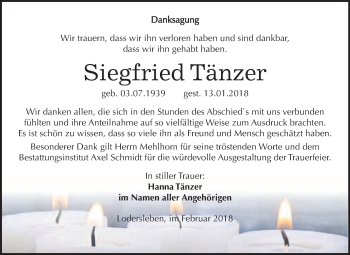 Traueranzeige von Siegfried Tänzer von WVG - Wochenspiegel Merseburg