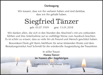 Traueranzeige von Siegfried Tänzer von Mitteldeutsche Zeitung