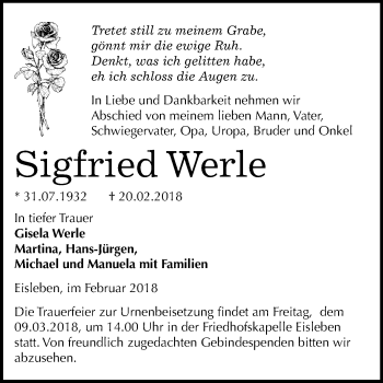 Traueranzeige von Siegfried Werle von Mitteldeutsche Zeitung