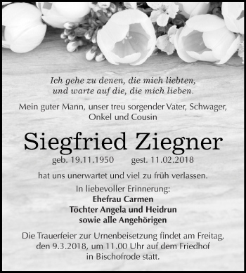 Traueranzeige von Siegfried Ziegner von Wochenspiegel Mansfelder Land