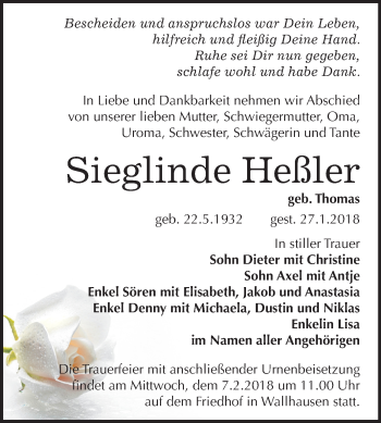 Traueranzeige von Sieglinde Heßler von Mitteldeutsche Zeitung