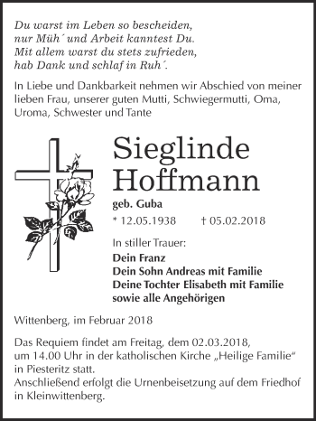 Traueranzeige von Sieglinde Hoffmann von WVG - Wochenspiegel Wittenberg