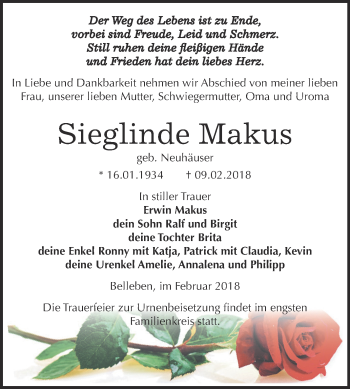 Traueranzeige von Sieglinde Makus von Super Sonntag Bernburg