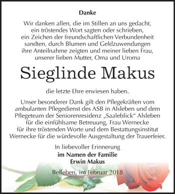 Traueranzeige von Sieglinde Makus von Mitteldeutsche Zeitung