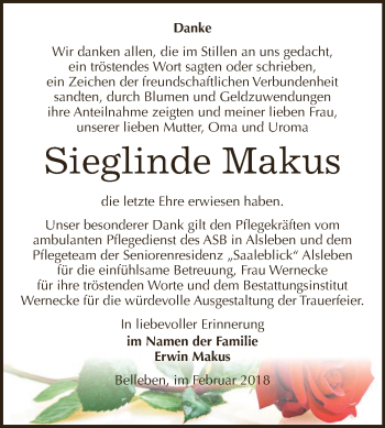 Traueranzeige von Sieglinde Makus von Super Sonntag Bernburg