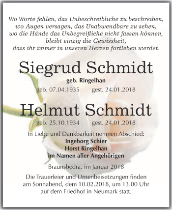 Traueranzeige von Siegrud Schmidt von WVG - Wochenspiegel Merseburg