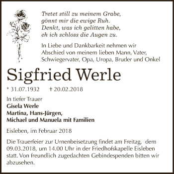 Traueranzeige von Sigfried Werle von Wochenspiegel Mansfelder Land