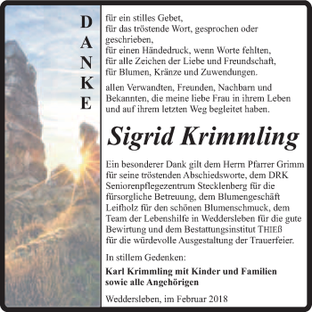 Traueranzeige von Sigrid Krimmling von Super Sonntag Quedlinburg
