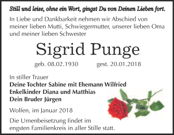 Traueranzeige von Sigrid Punge von WVG - Wochenspiegel Bitterfeld
