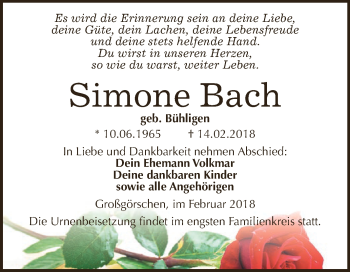 Traueranzeige von Simone Bach von WVG - Wochenspiegel NMB / WSF / ZTZ
