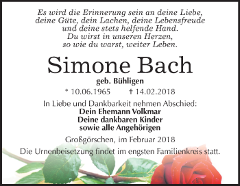 Traueranzeige von Simone Bach von Mitteldeutsche Zeitung Weißenfels