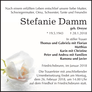 Traueranzeige von Stefanie Damm von WVG - Wochenspiegel Quedlinburg