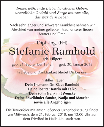 Traueranzeige von Stefanie Ramhold von Mitteldeutsche Zeitung Halle/Saalkreis