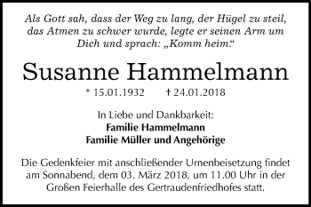 Traueranzeige von Susanne Hammelmann von Mitteldeutsche Zeitung Halle/Saalkreis