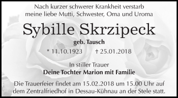 Traueranzeige von Sybille Skrzipeck von WVG - Wochenspiegel Dessau / Köthen