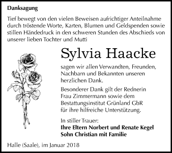 Traueranzeige von Sylvia Haacke von Mitteldeutsche Zeitung Halle/Saalkreis