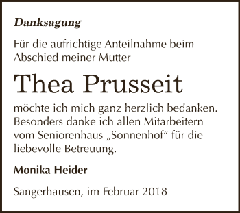 Traueranzeige von Thea Prusseit von Super Sonntag SGH Mansf. Land