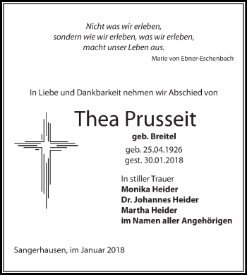 Traueranzeige von Thea Prusseit von Super Sonntag SGH Mansf. Land