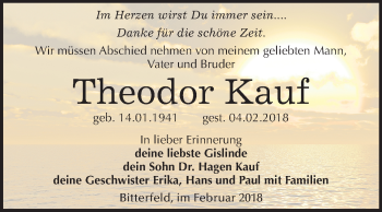 Traueranzeige von Theodor Kauf von Mitteldeutsche Zeitung Bitterfeld