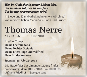 Traueranzeige von Thomas Nerre von Mitteldeutsche Zeitung Merseburg/Querfurt